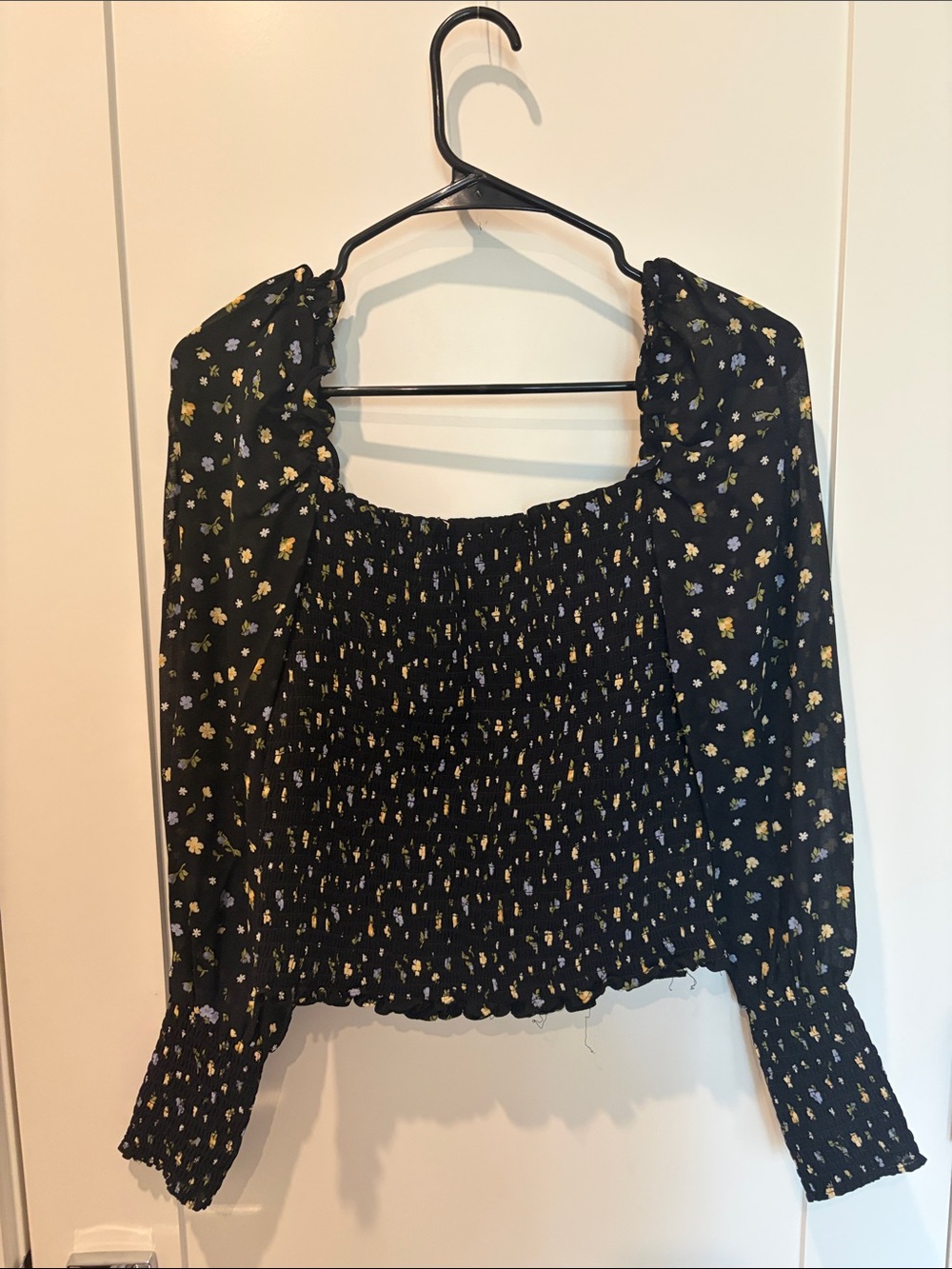 Reformation Black Floral Smocked Square-Neck Blouse